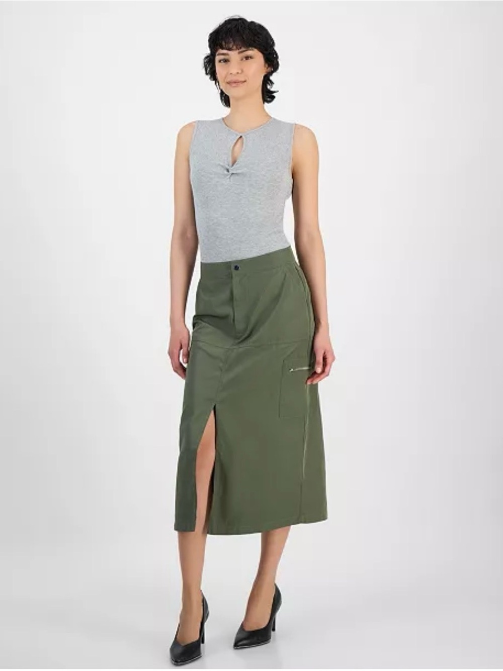 Bar III Olive Green Midi Skirt with Front Slit